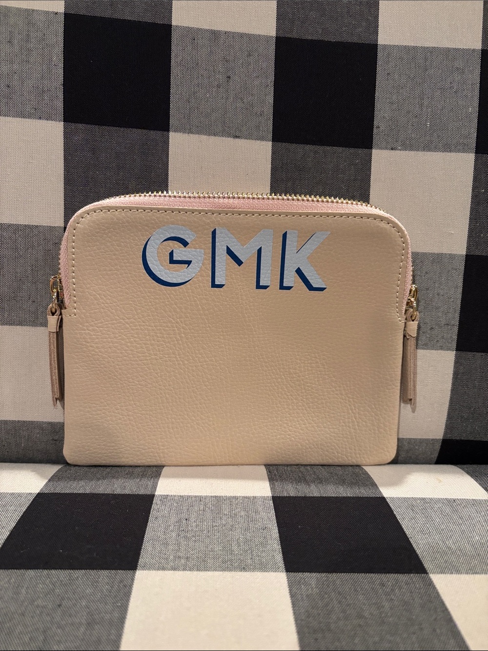 Mark & Graham Blush Pink Leather Pouch with Blue Monogram